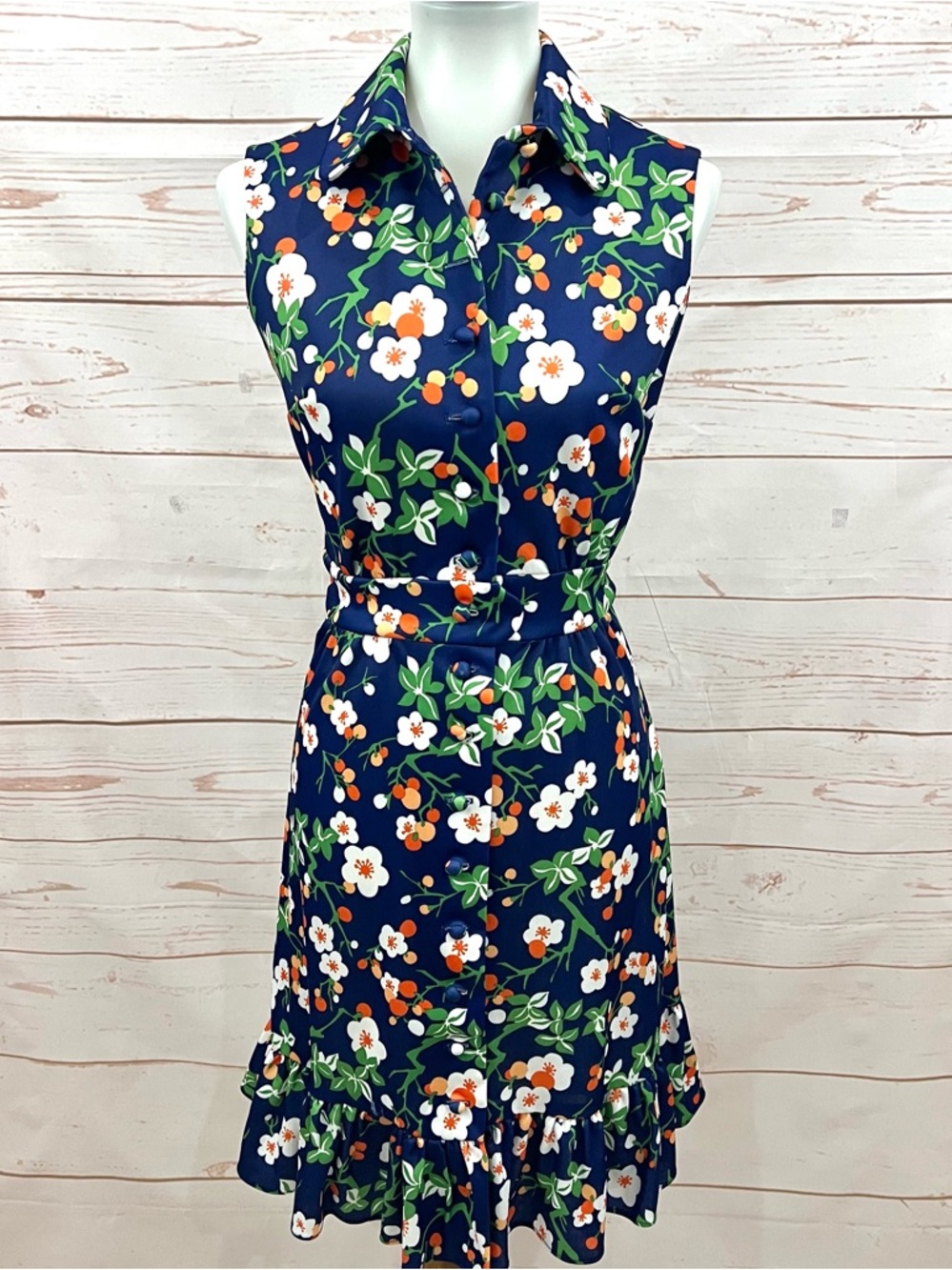 Vintage Button Up Sleeveless Collared Floral Ruffle Trim Dress